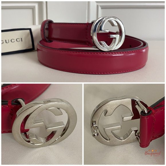 Authentic Gucci Red Calfskin Leather Silver Interlocking G Buckle Belt 80/32 - Picture 2 of 13